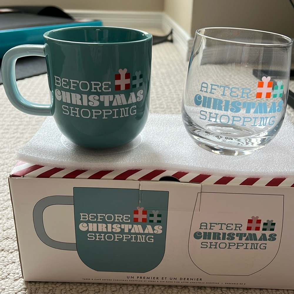 NWT - Before & After Christmas Shopping Drinkware Set - With Mug and Wine Glass